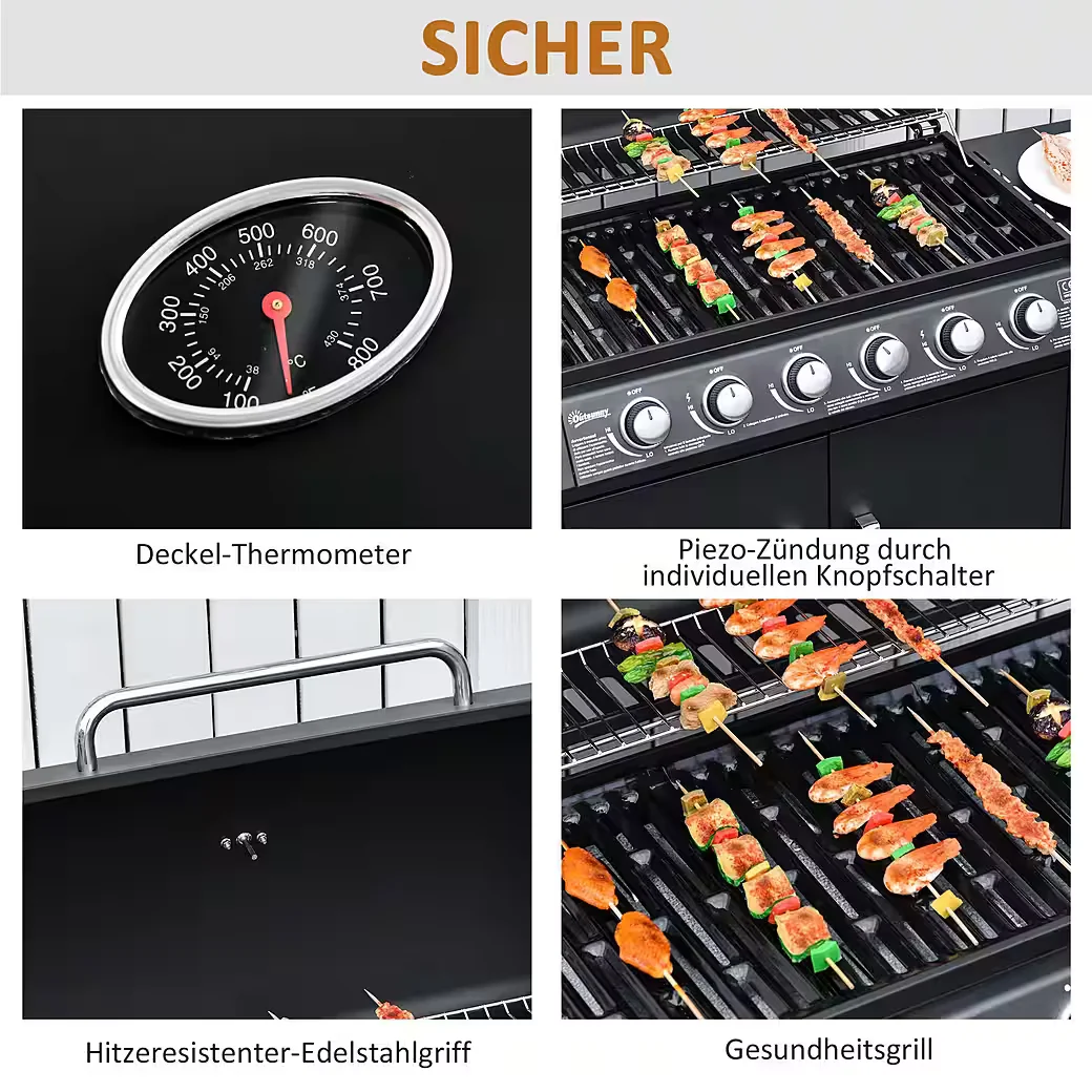 Gasgrill BBQ Grillwagen mit 6 Brennern 1 Seitenbrenner Schrank Garten